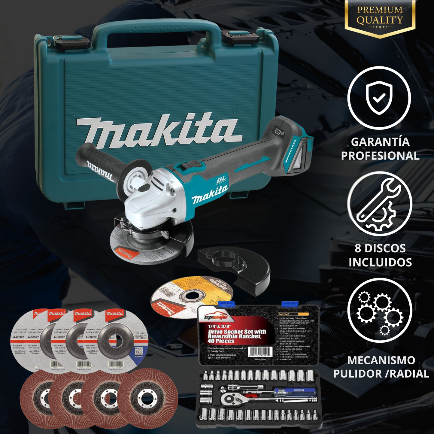 Pulidora - Radial Inalámbrica Makita | 8 Discos de Pulimento
